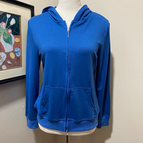 Bright Blue Zip Front Hoodie Size Small Pockets Lightweight Fine Knit Fabric - Picture 2 of 4